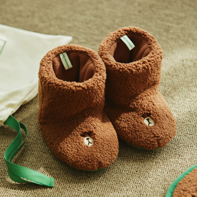 LINE FRIENDS Hug BROWN Kids Indoor Fleece Bootie Slippers